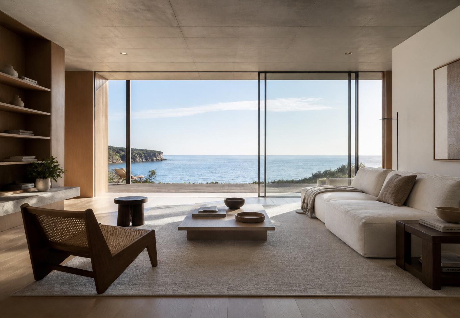 Sala com portas de correr de vidro e vista ampla para o mar